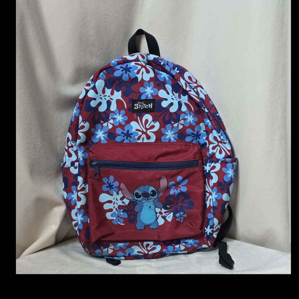 Disney Bioworld Stitch Kids Backpack Floral Pattern Red Blue Adjustable Strap